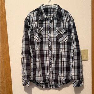 Men's Black and White Plaid Button-Down Shirt -